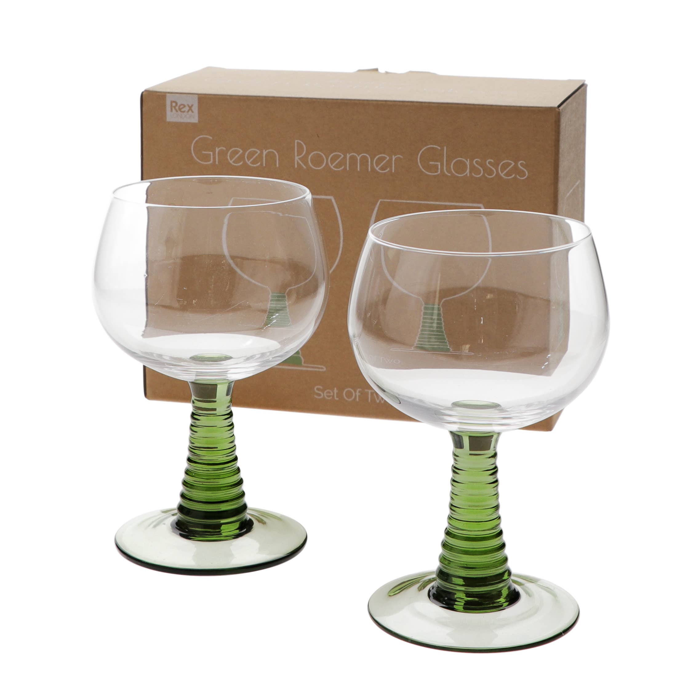 Two green-roemer glasses with a cardboard box labeled 'Green Roemer Glasses' in the background.