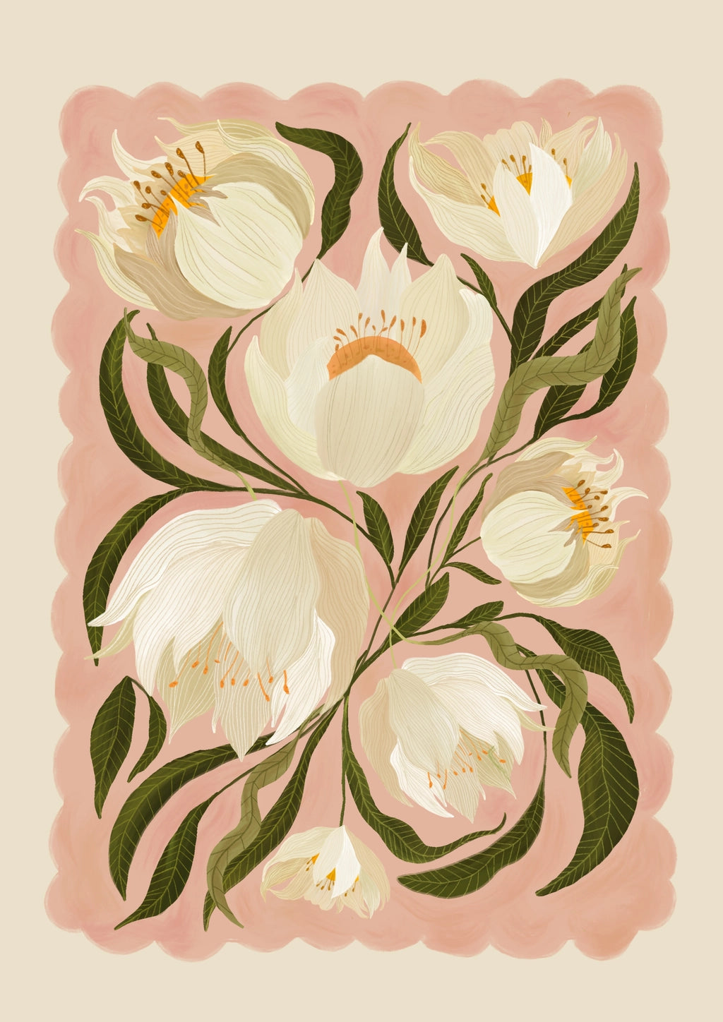 Floral design with white peony flowers and green leaves on a pink background
