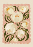 Floral design with white peony flowers and green leaves on a pink background