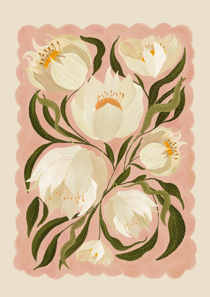 Floral design with white peony flowers and green leaves on a pink background