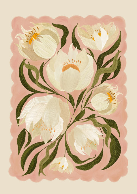 Floral design with white peony flowers and green leaves on a pink background