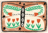 Butterfly with green leaves and red flowers on a brown background