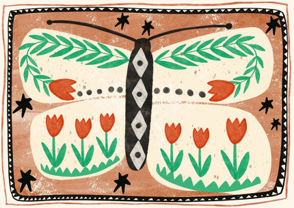 Butterfly with green leaves and red flowers on a brown background
