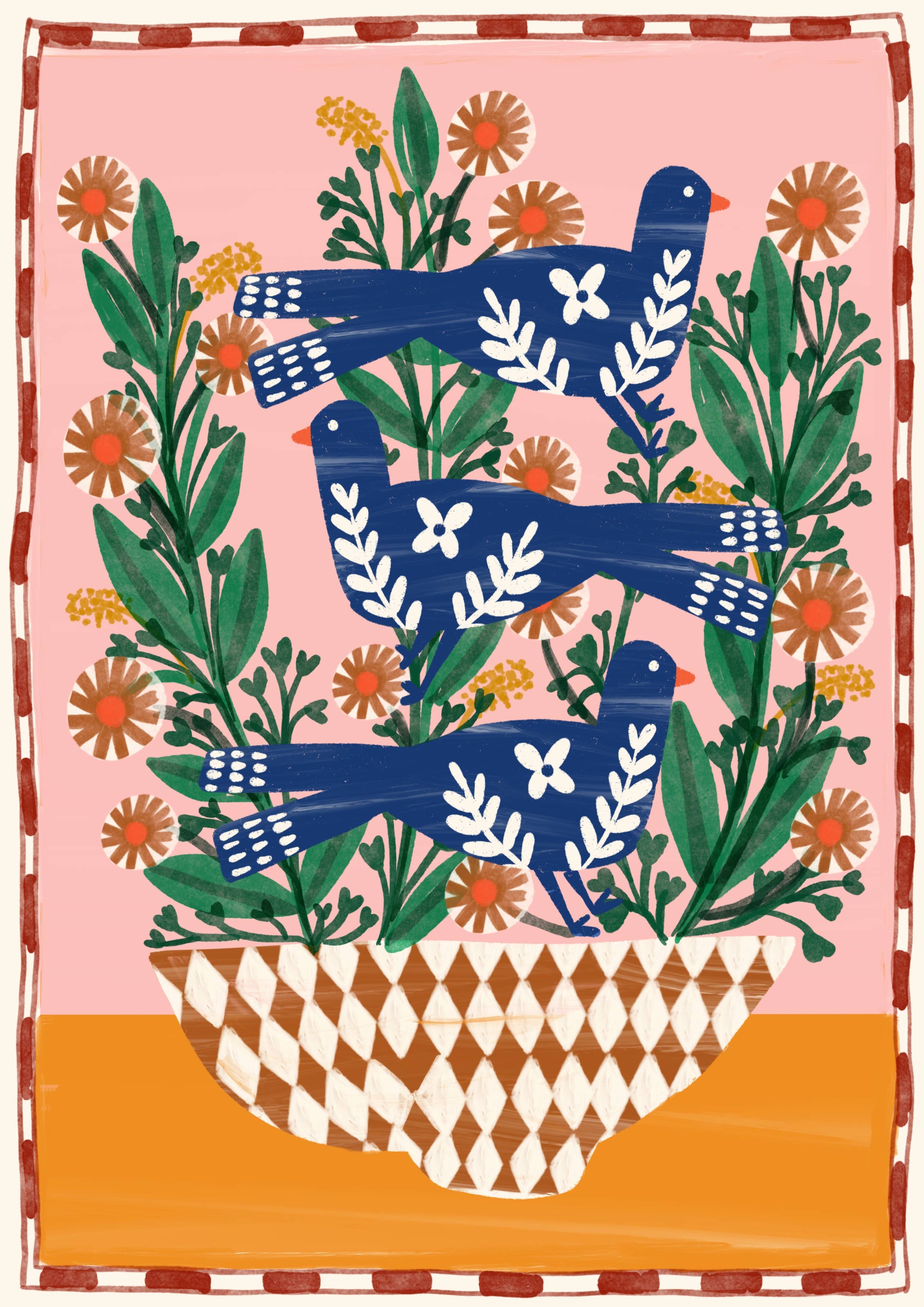 Decorative print with blue birds, green leaves, and orange flowers on a pink background