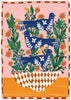 Decorative print with blue birds, green leaves, and orange flowers on a pink background