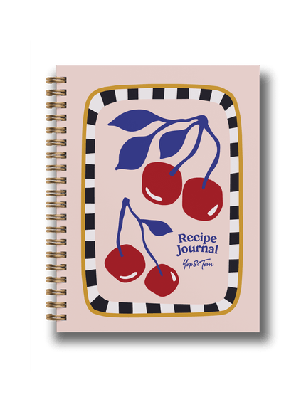 Recipe journal with cherry design on a black background