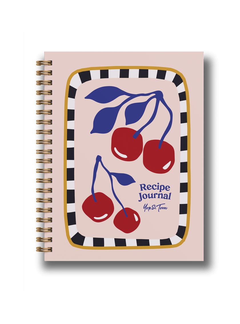 Recipe journal with cherry design on a black background
