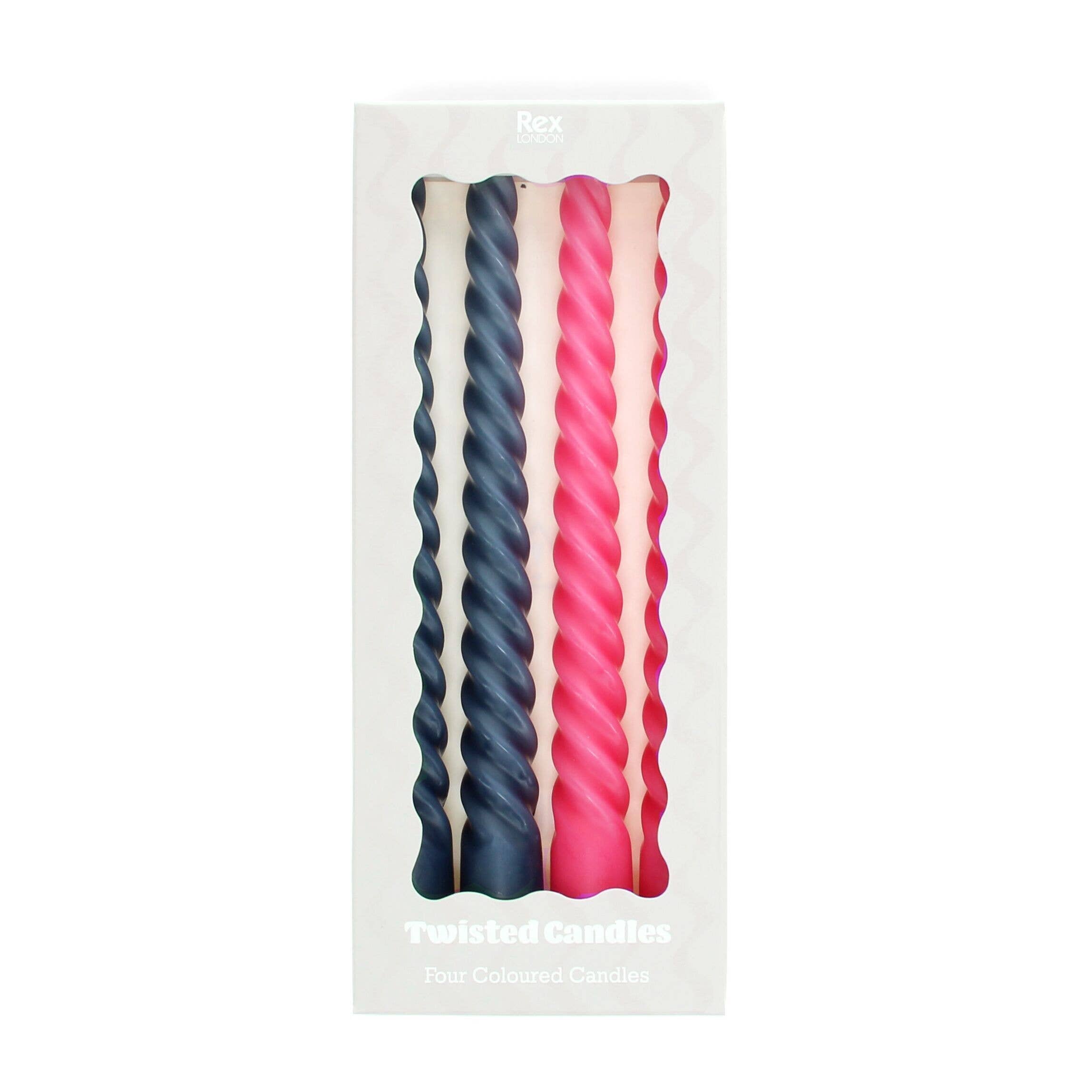 Packaged set of twisted candles in dark grey and pink, and white on a white background