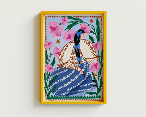 Framed artwork of a woman with flowers in folk art style
