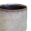 Ceramic pot with speckled glaze on a white background