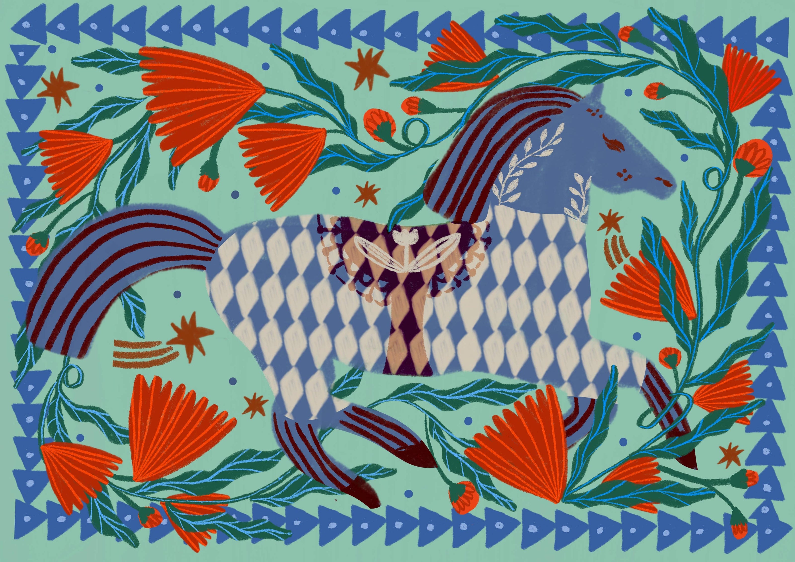 Colorful artwork of a horse with abstract patterns and shapes.