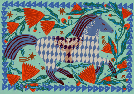 Colorful artwork of a horse with abstract patterns and shapes.