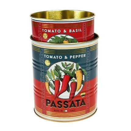 Two stacked tins labeled 'Tomato & Basil' and 'Passata' with colorful labels on a white background.