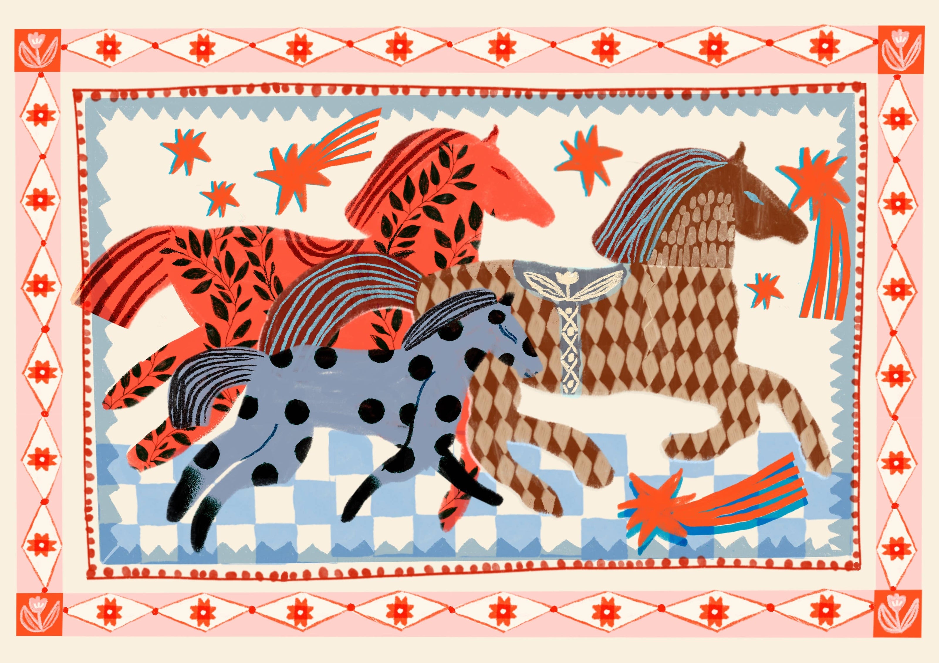 Decorative illustration of three horses with patterned coats on a checkered background.