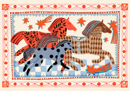 Decorative illustration of three horses with patterned coats on a checkered background.