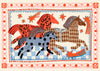 Decorative illustration of three horses with patterned coats on a checkered background.