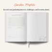 Open journal with gardening-themed pages on a white background