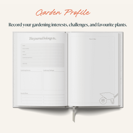 Open journal with gardening-themed pages on a white background