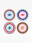 Set of four colorful coasters with eye, lips, cactus, and sun designs on a white background.