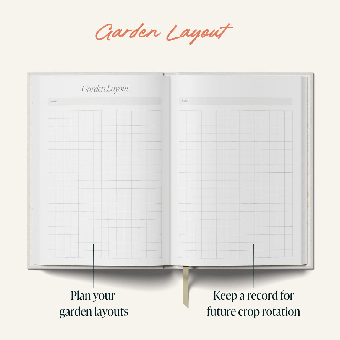 Open notebook with grid pages labeled 'Garden Layout' on a white background