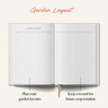 Open notebook with grid pages labeled 'Garden Layout' on a white background