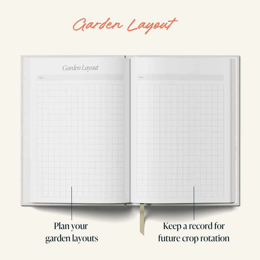 Open notebook with grid pages labeled 'Garden Layout' on a white background