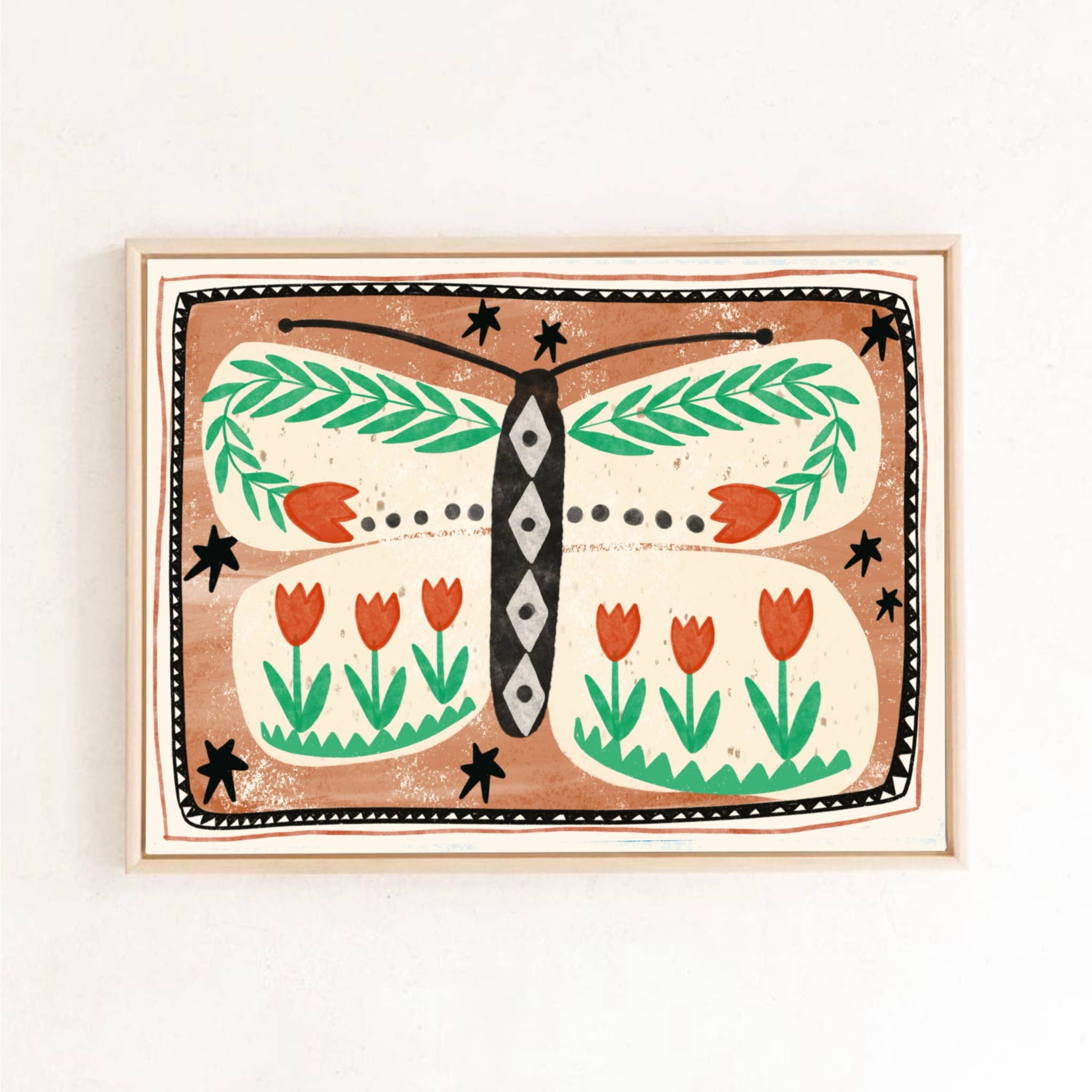 Framed artwork with a butterfly and floral design on a beige background