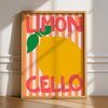 Framed artwork with a lemon illustration and 'LIMON CELLO' text on a striped background.