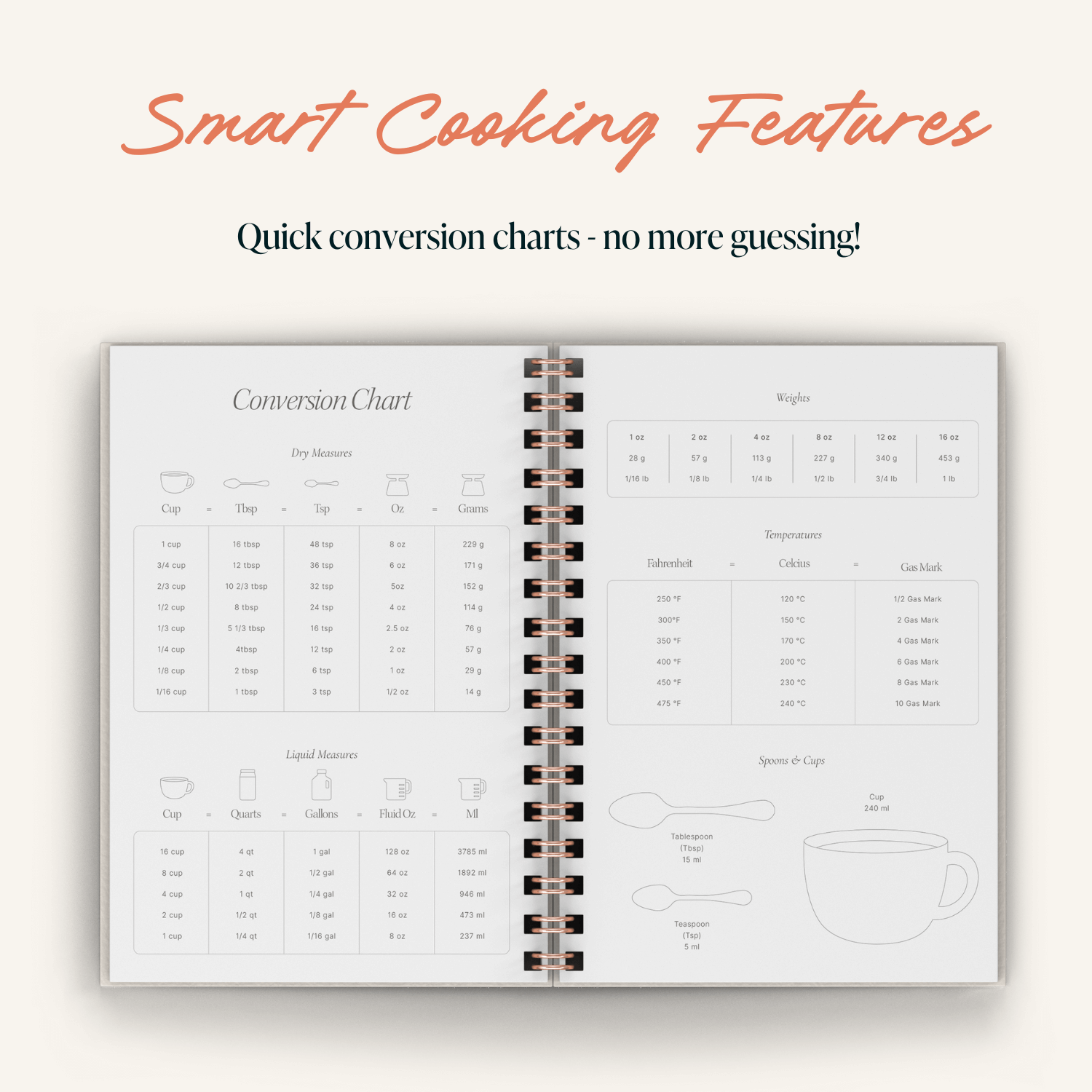 Open spiral-bound recipe journal displaying a conversion chart with text 'Smart Cooking Features' at the top.