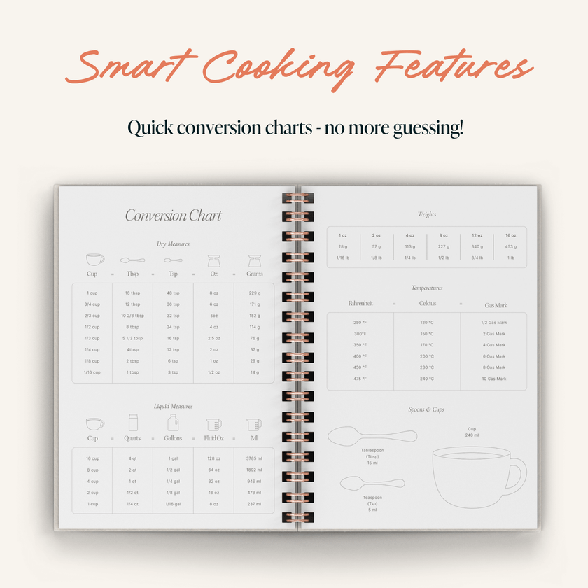 Open spiral-bound recipe journal displaying a conversion chart with text 'Smart Cooking Features' at the top.