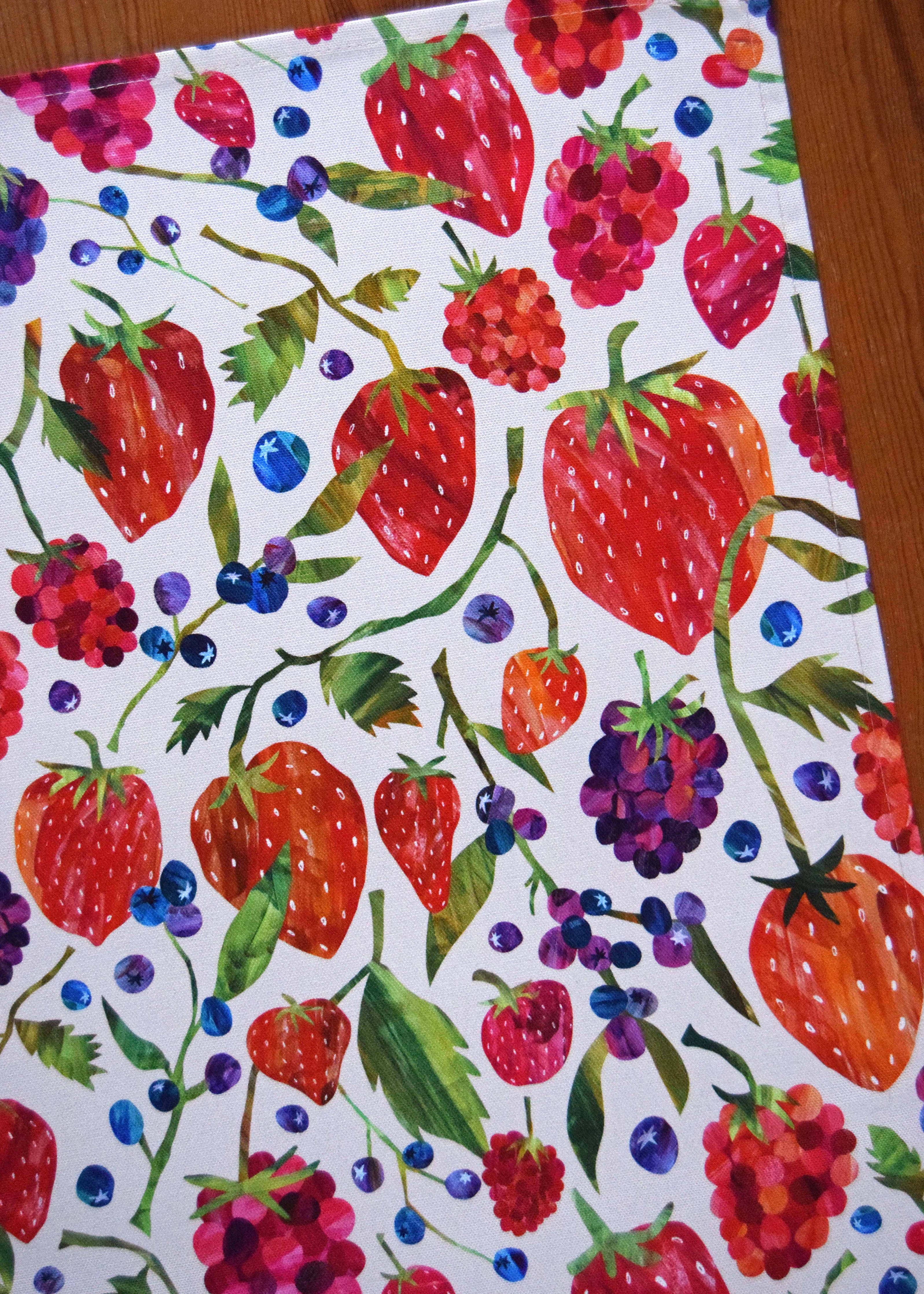 Colorful illustration of strawberries and raspberries on a white background