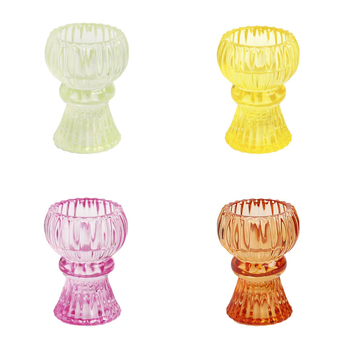 Four colorful glass candle holders on a white background