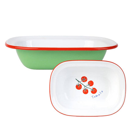 Enamelware dishes with red rims, green bases and tomato image.