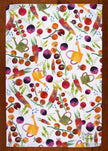Colorful garden-themed tea towel with vegetables and watering cans on a white background.