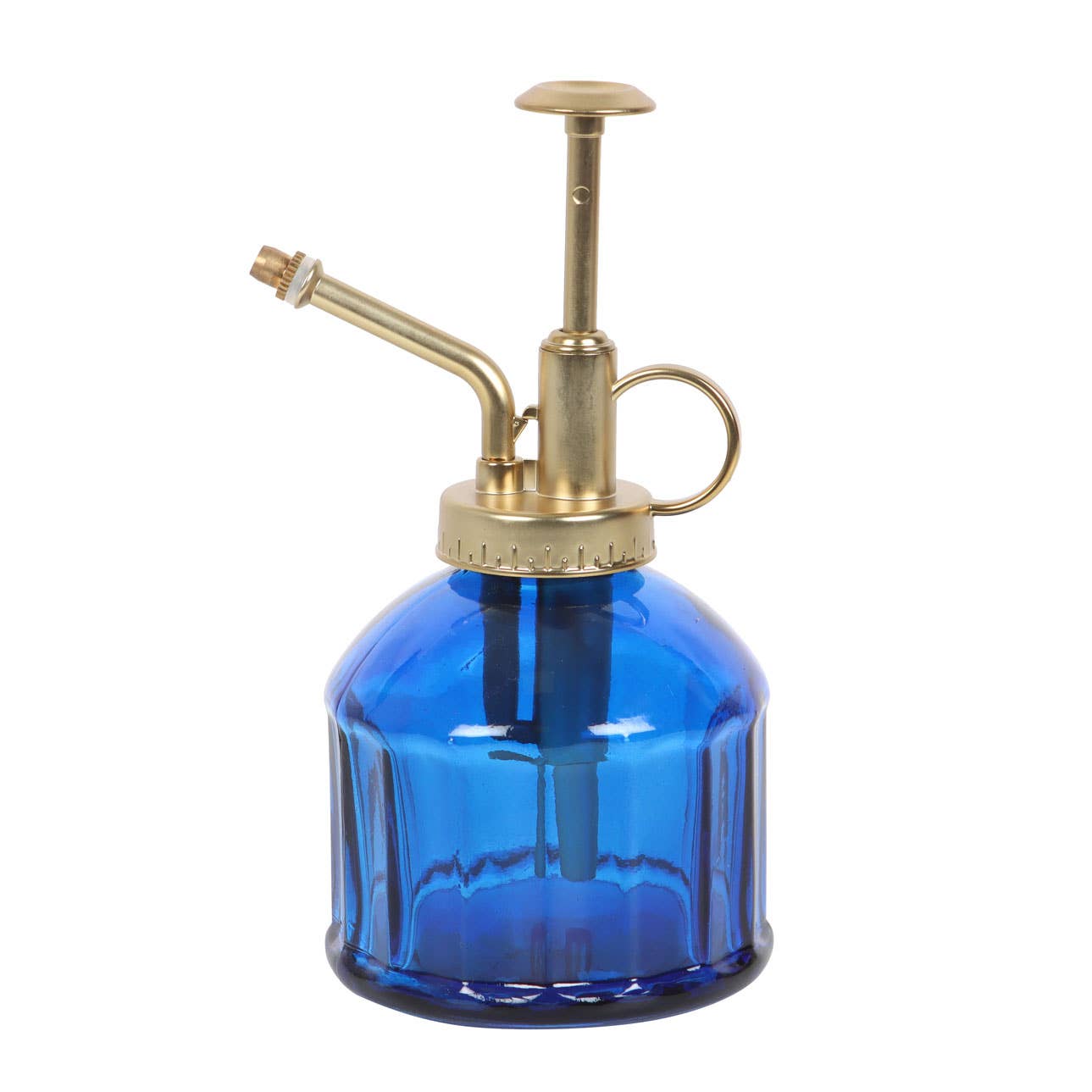 Blue glass spray bottle with brass nozzle on a white background