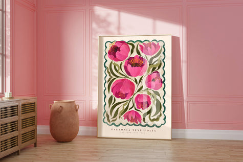 Pink and green peony floral artwork by Kate Fox