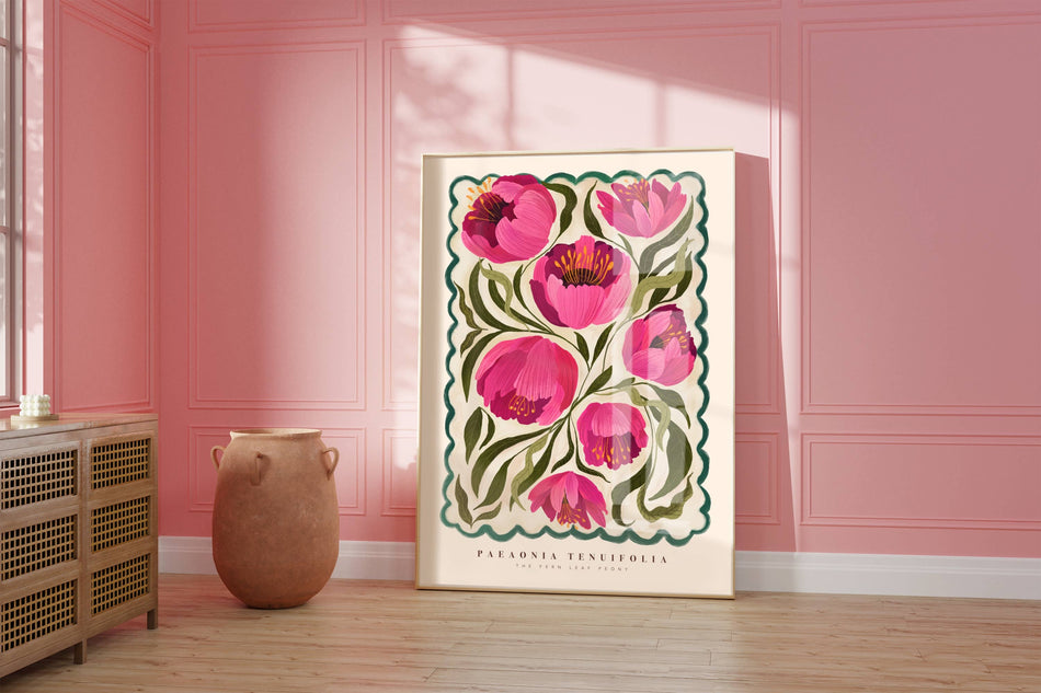 Pink and green peony floral artwork by Kate Fox