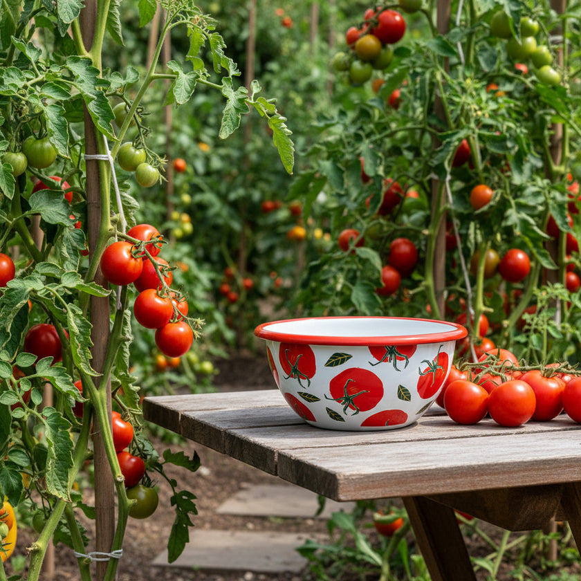 Bowl with red tomato pattern on table with tomatoes