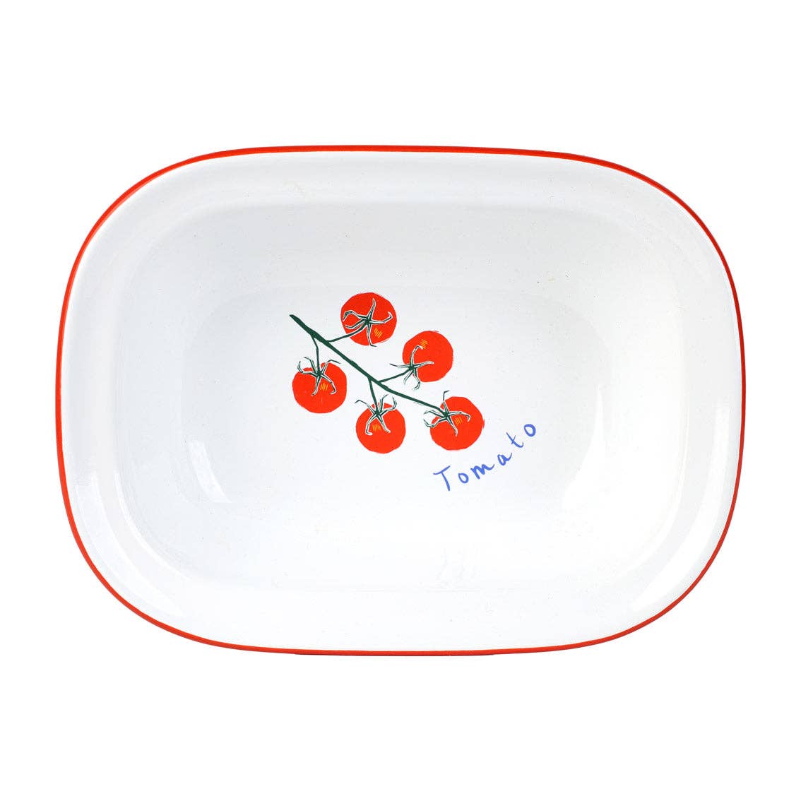 White dish with red rim and tomato design on a white background
