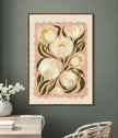 Floral artwork with white peony flowers and green leaves on a pink background, framed in a wooden frame.