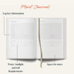 Plant journal with sections for key information, water, sunlight, soil requirements, and space for notes.