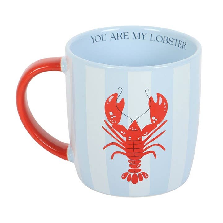Mug with red lobster design and 'You Are My Lobster' text on a light blue background