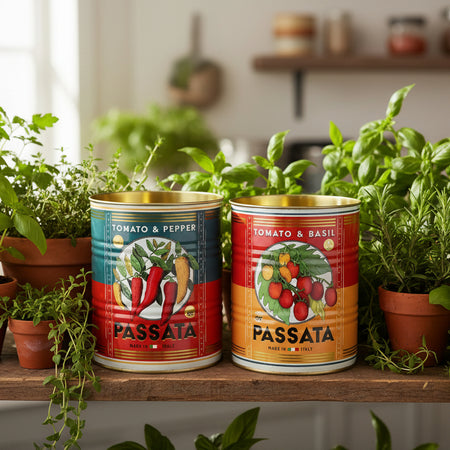 Two colourful storage cans with retro Passata design surrounded by plants 