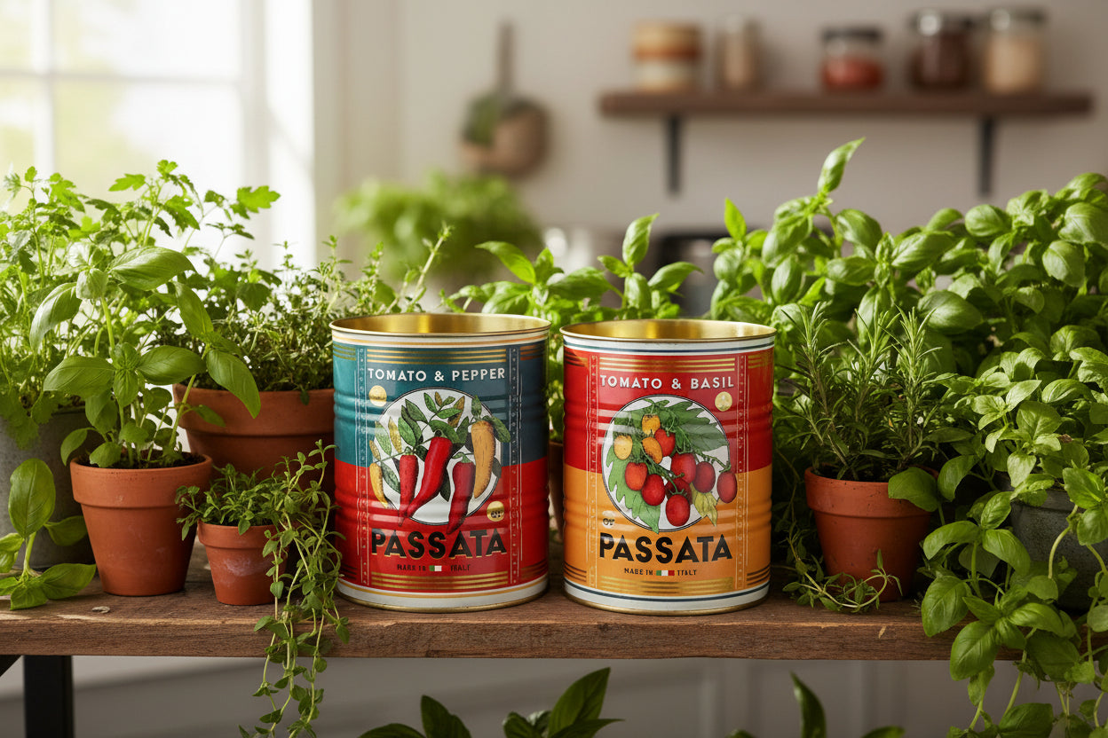Two colourful storage cans with retro Passata design surrounded by plants 