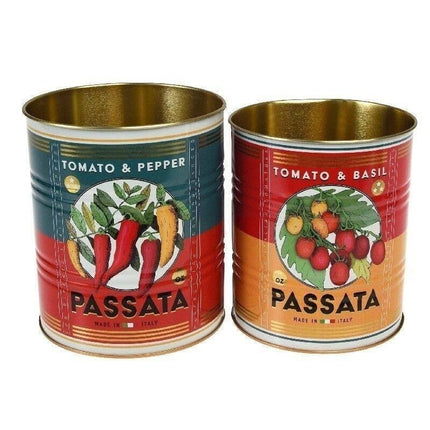 Two cans of Passata with tomato and pepper or tomato and basil labels on a white background.