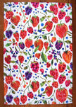 Fruit patterned paper with strawberries, raspberries, and blueberries on a white background.