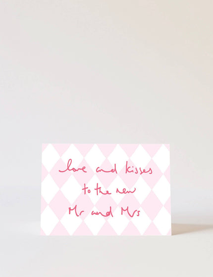 Wedding card with pink and white checkered pattern and text on a light grey background