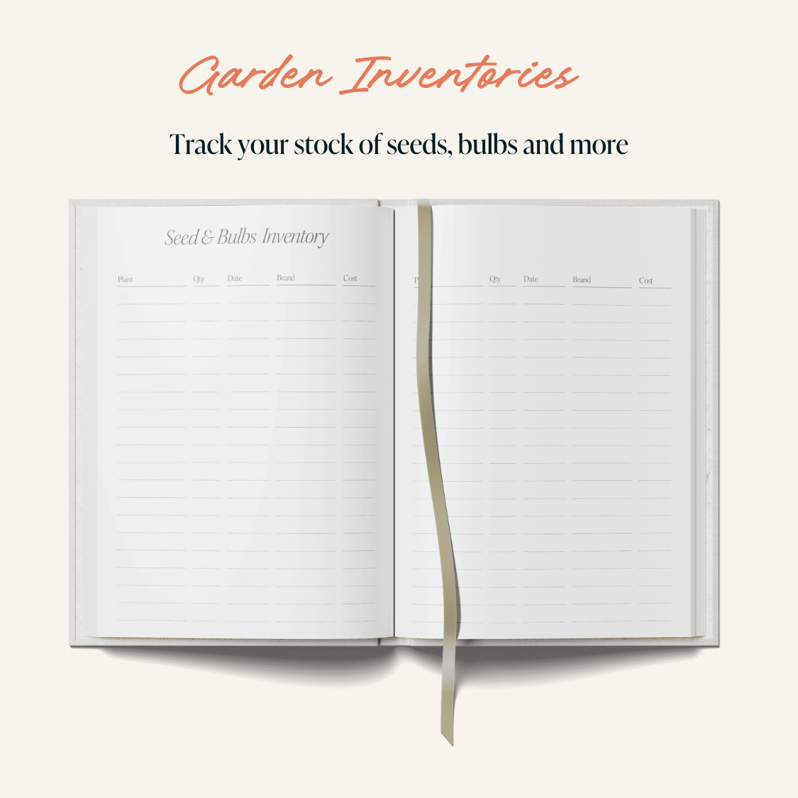 Open notebook with garden inventory pages on a white background