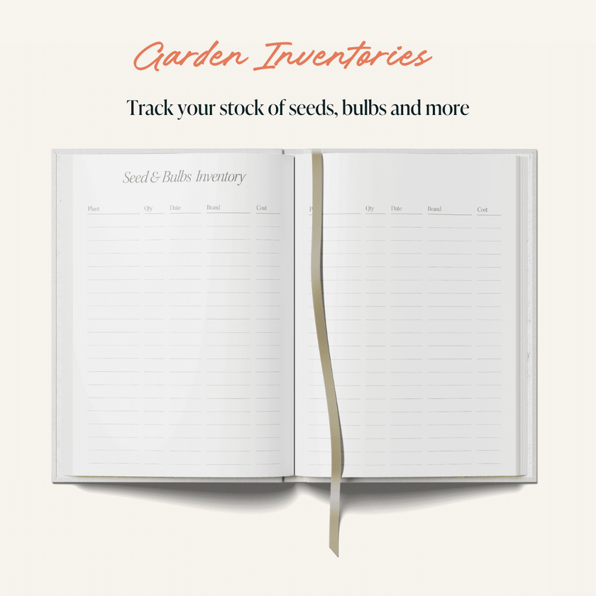 Open notebook with garden inventory pages on a white background