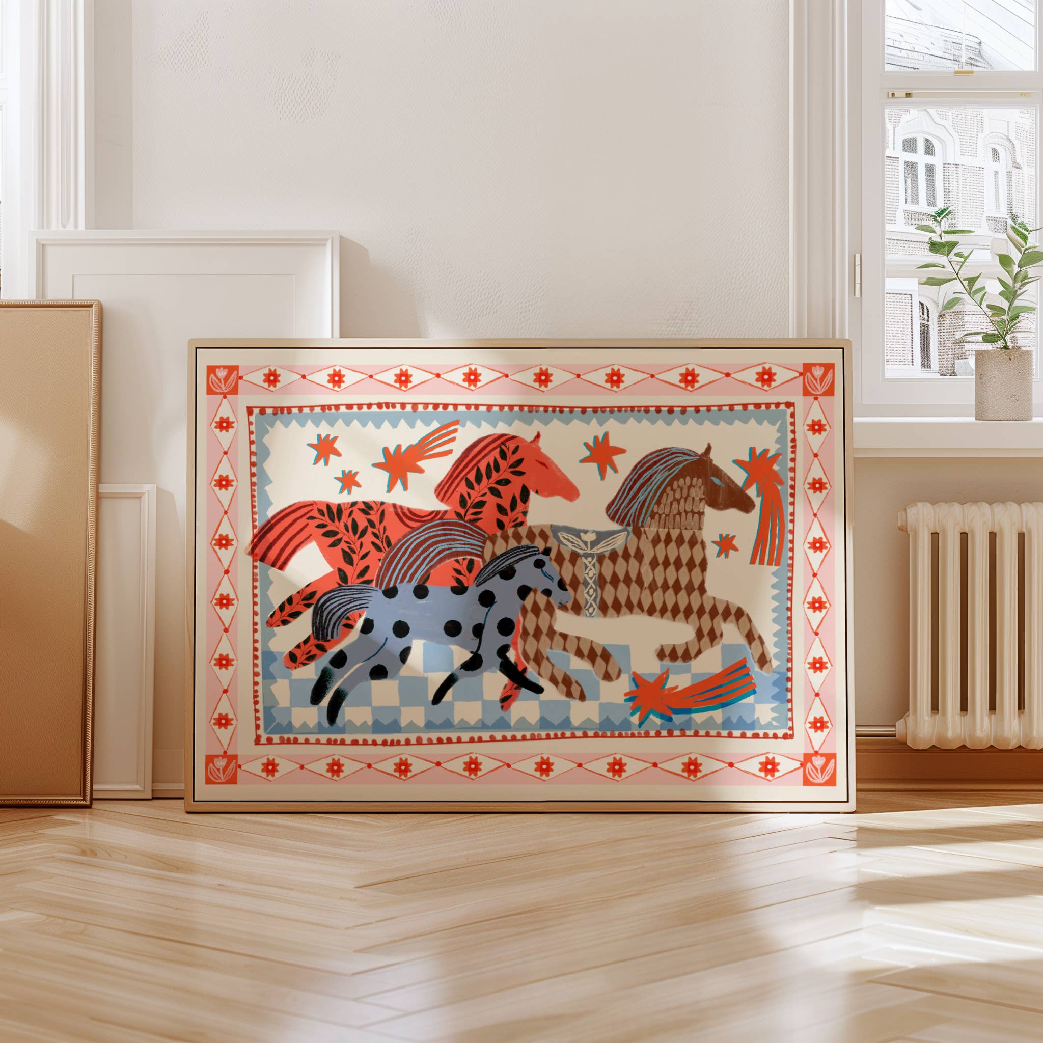 Decorative artwork with horse design in a room with a window and radiator.